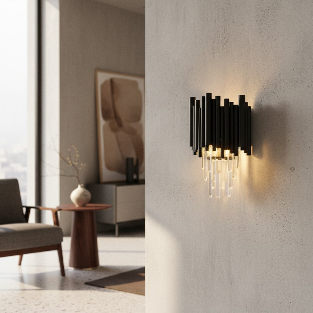 Modern Metal & Clear Crystal Cylindrical Wall Sconce