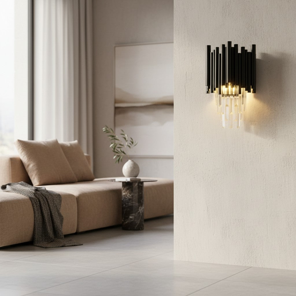 Modern Metal & Clear Crystal Cylindrical Wall Sconce