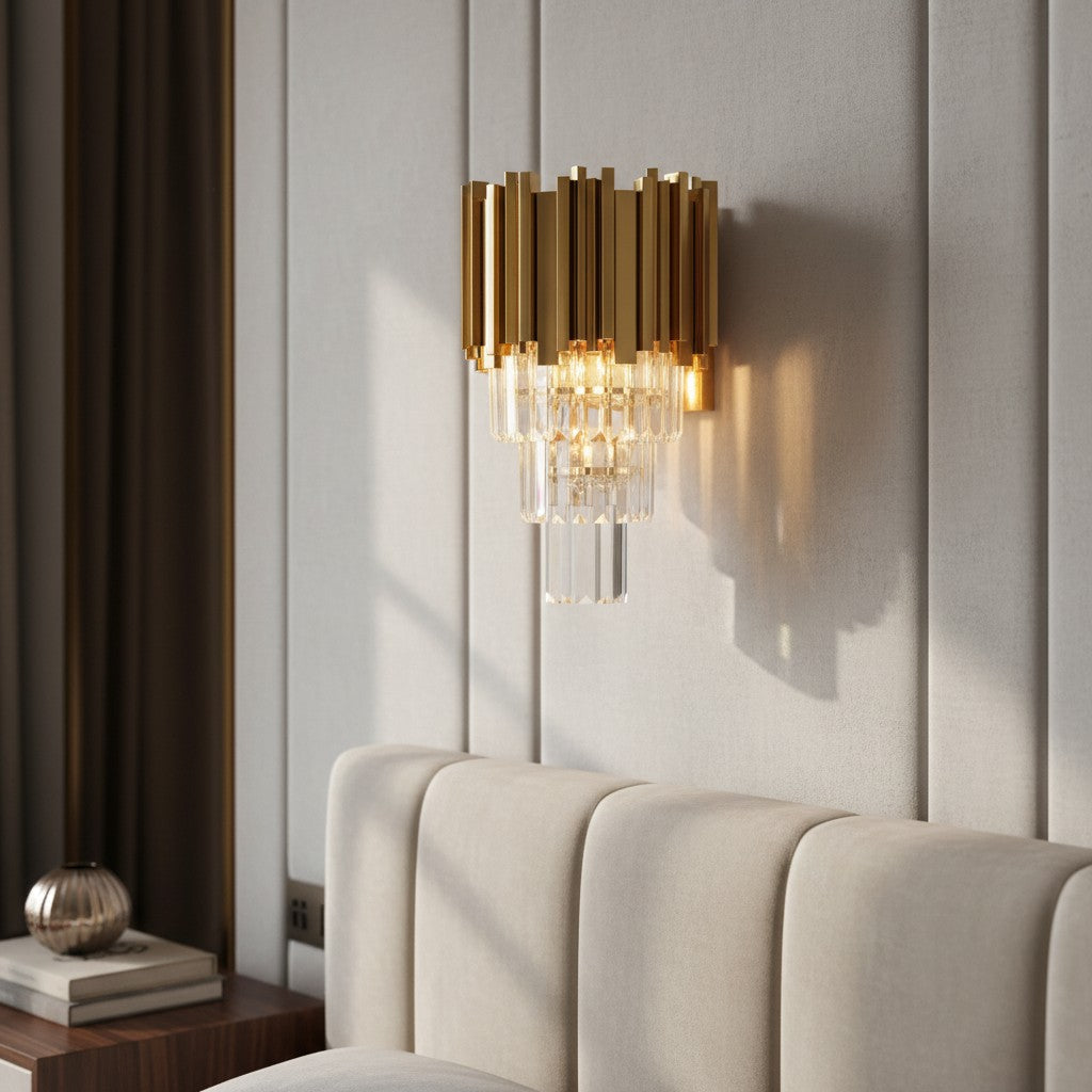 Modern Metal & Clear Crystal Cylindrical Wall Sconce