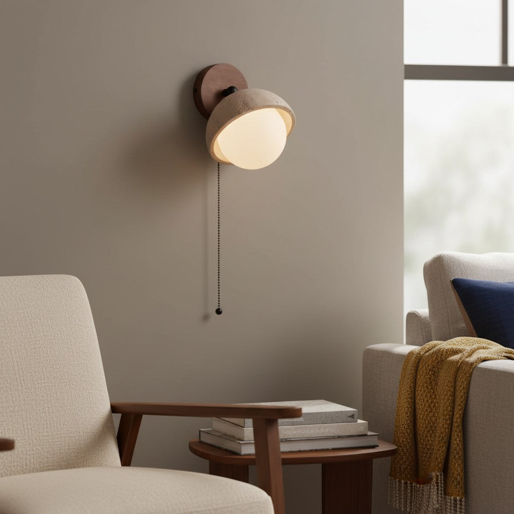 Wabi-Sabi Travertine & Wood Half-Moon Wall Sconce