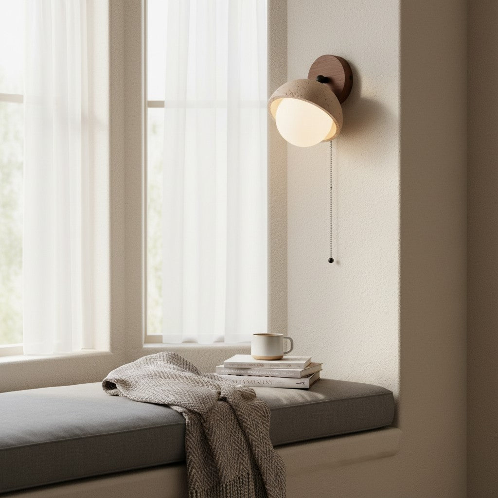 Wabi-Sabi Travertine & Wood Half-Moon Wall Sconce
