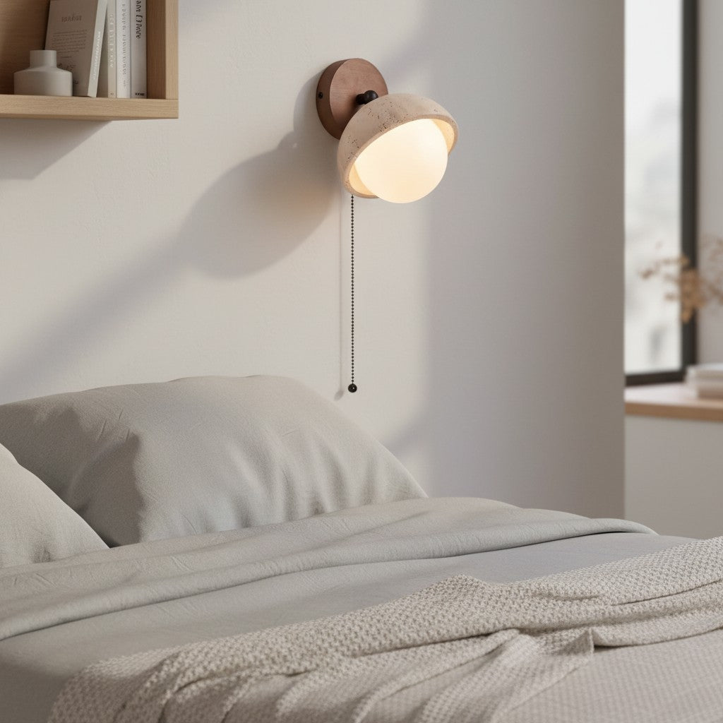 Wabi-Sabi Travertine & Wood Half-Moon Wall Sconce