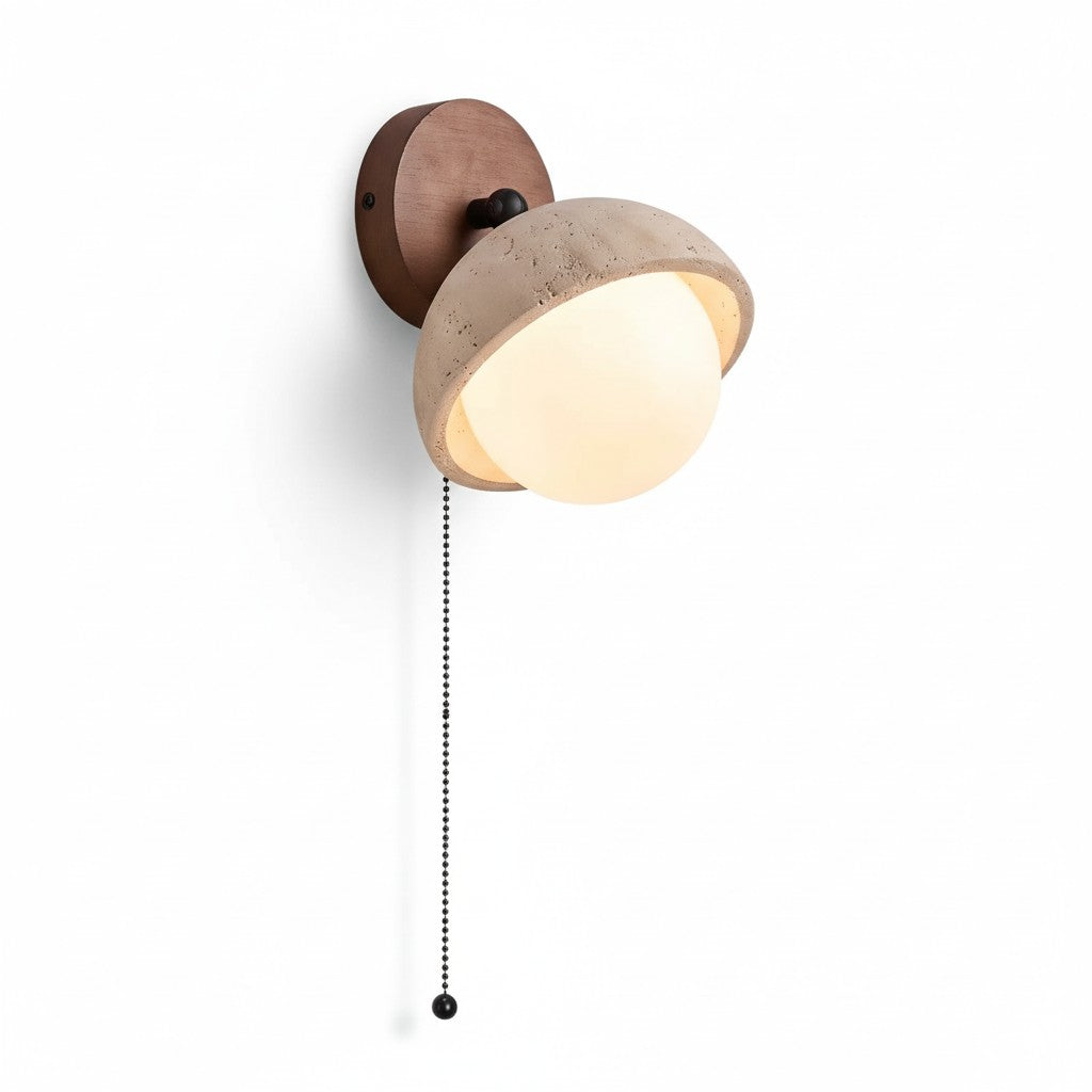 Wabi-Sabi Travertine & Wood Half-Moon Wall Sconce